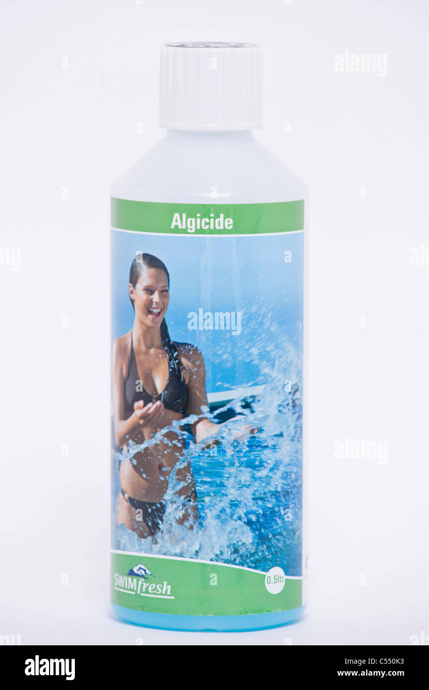A bottle of Swimfresh Algicide for treating a swimming pool on a white background Stock Photo