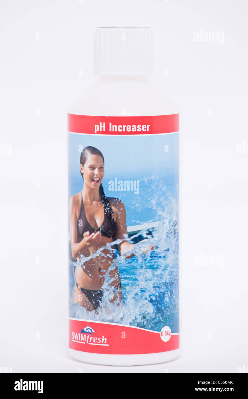 A bottle of Swimfresh pH Increaser for treating a swimming pool on a white background Stock Photo