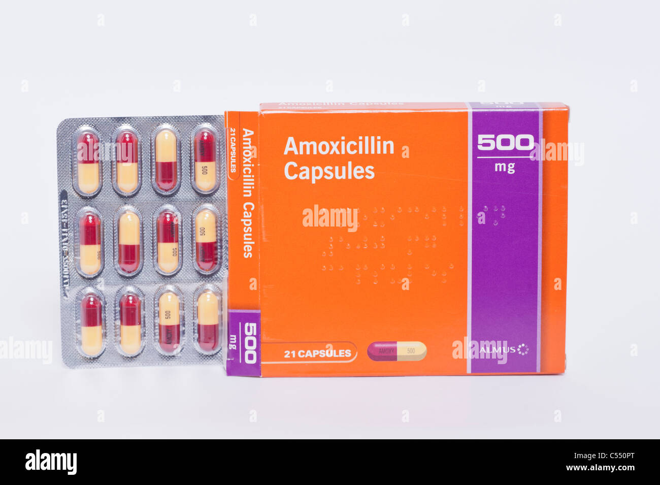 A blister pack of Amoxicillin capsules ( antibiotics ) on a white background Stock Photo