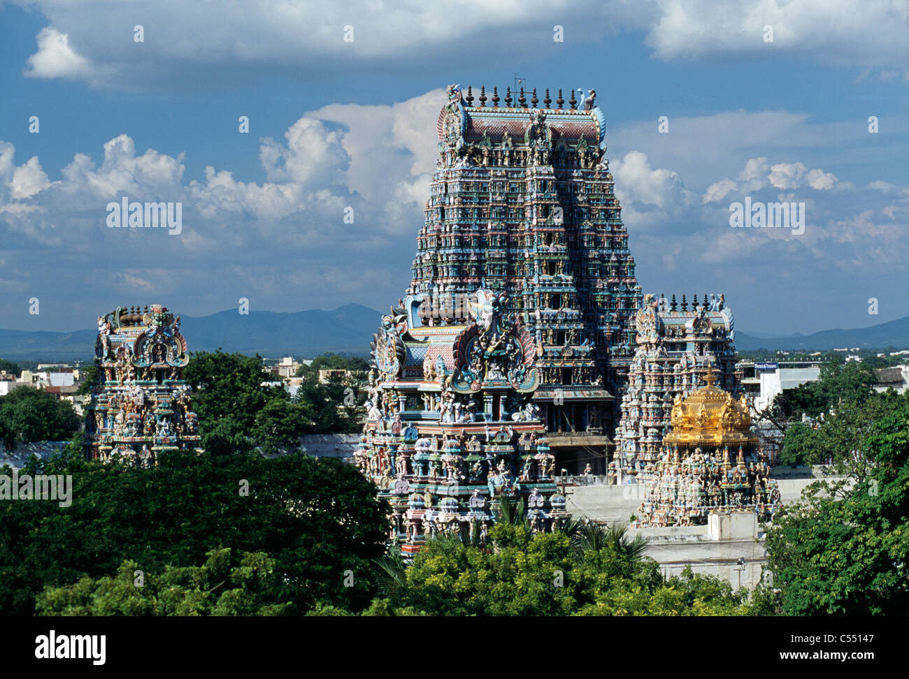 India, Tamil Nadu, Madurai, Trees in front of Sri Meenakshi Temple Stock Photo