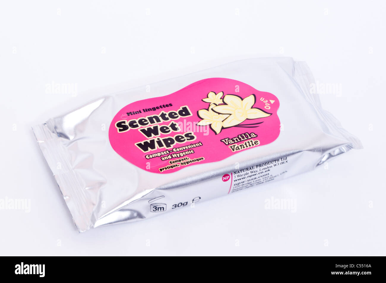 A pack of scented wet wipes on a white background Stock Photo