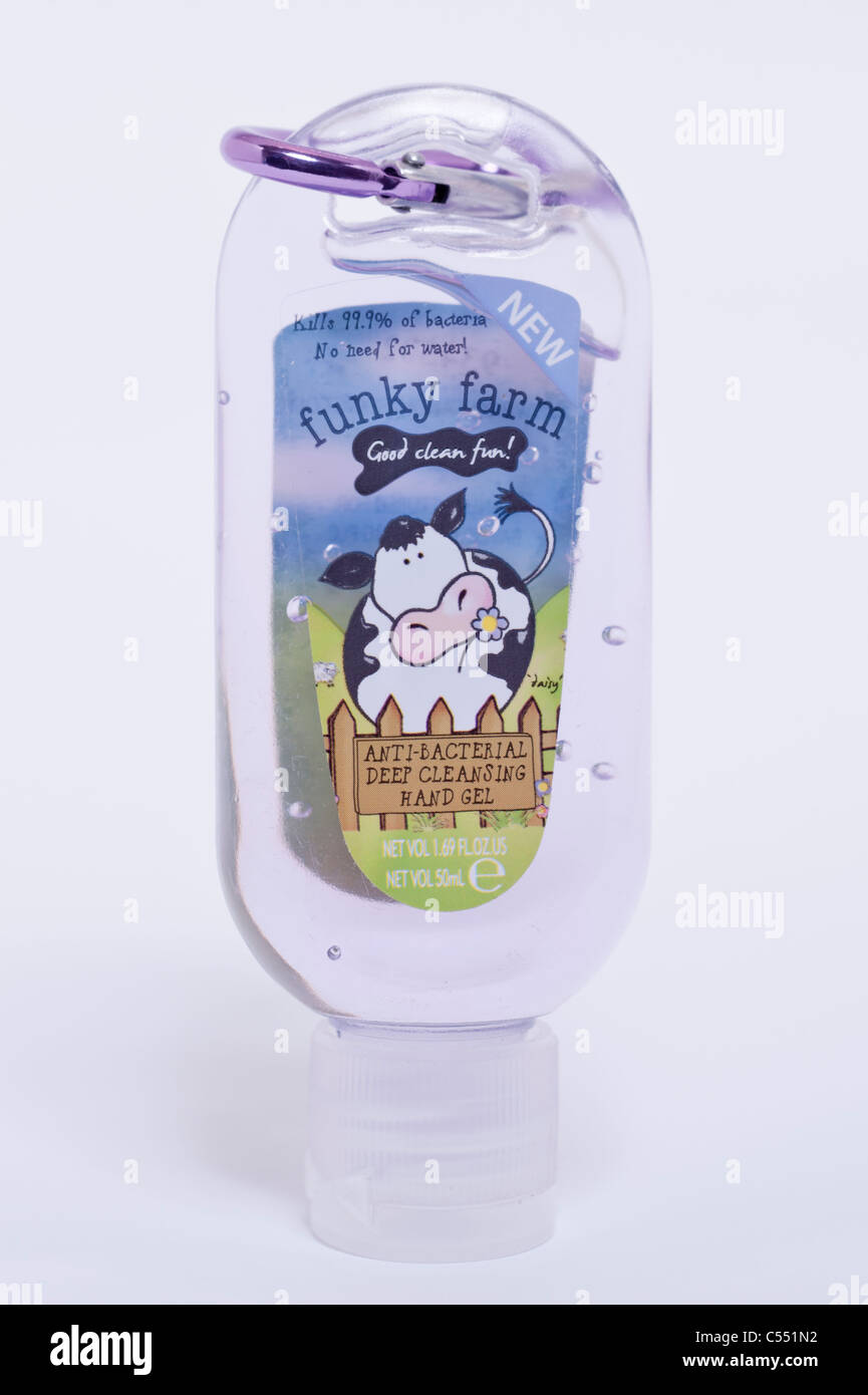 A bottle of Funky farm anti-bacterial deep cleansing hand gel on a white background Stock Photo