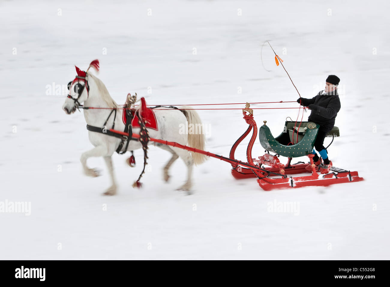The Netherlands, Oudemirdum, Antique horse sledge and horseman in traditional costume. Stock Photo