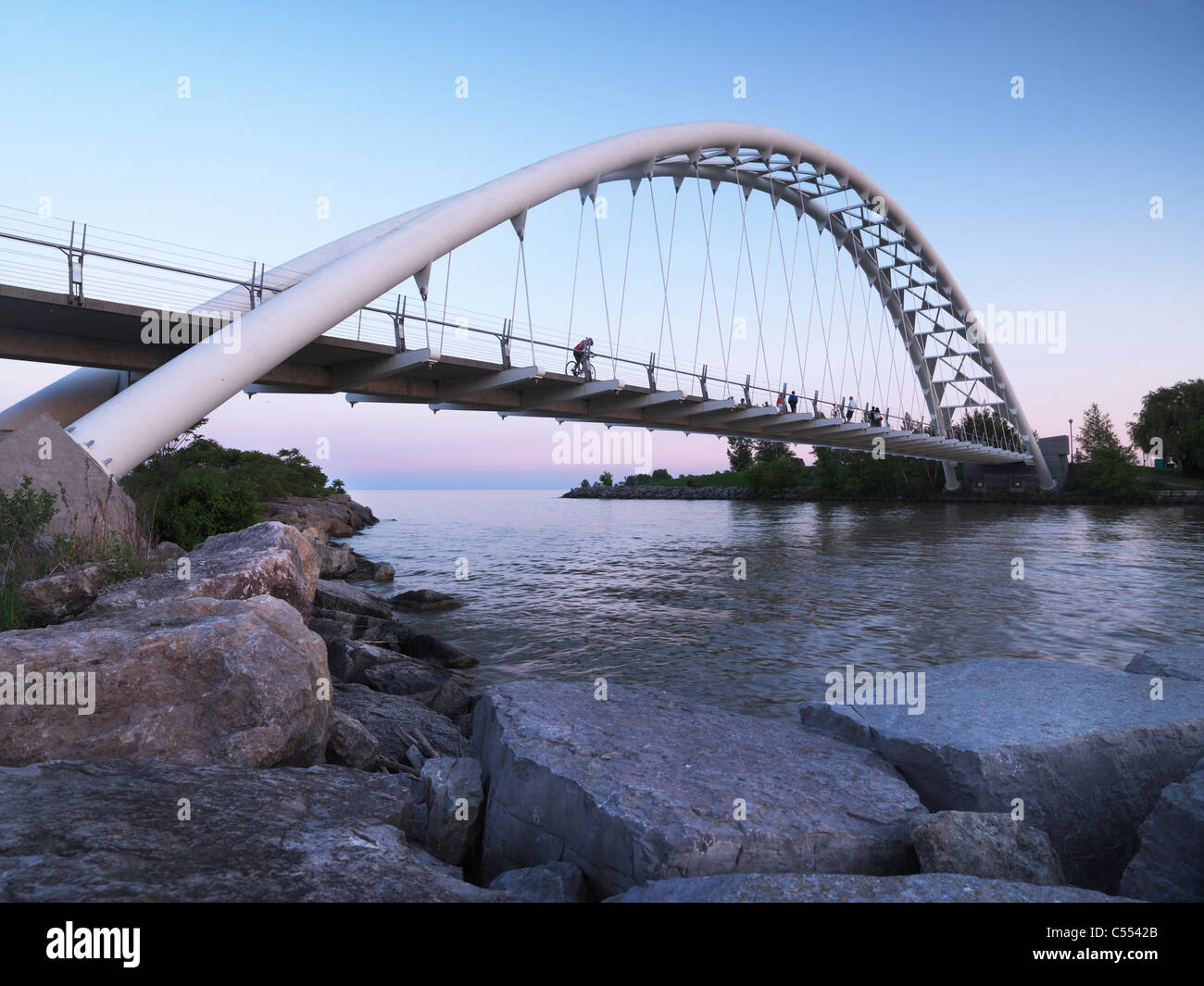 The Humber River Arch Bridge in Toronto during sunset also known as the Humber Bay Arch Bridge or the Gateway Bridge. Canada Stock Photo