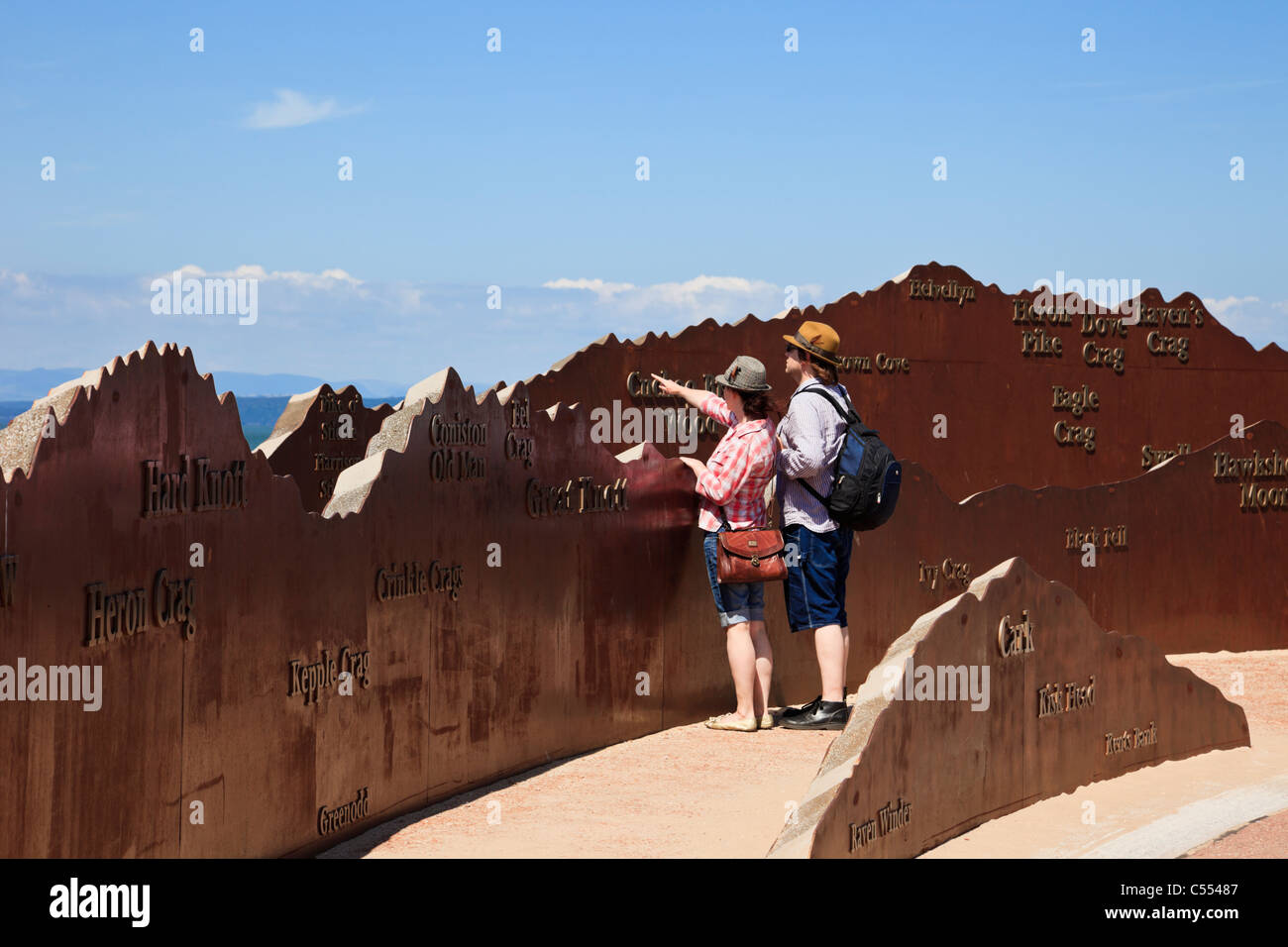 People viewing Panorama steel sculpture of Lake District mountains