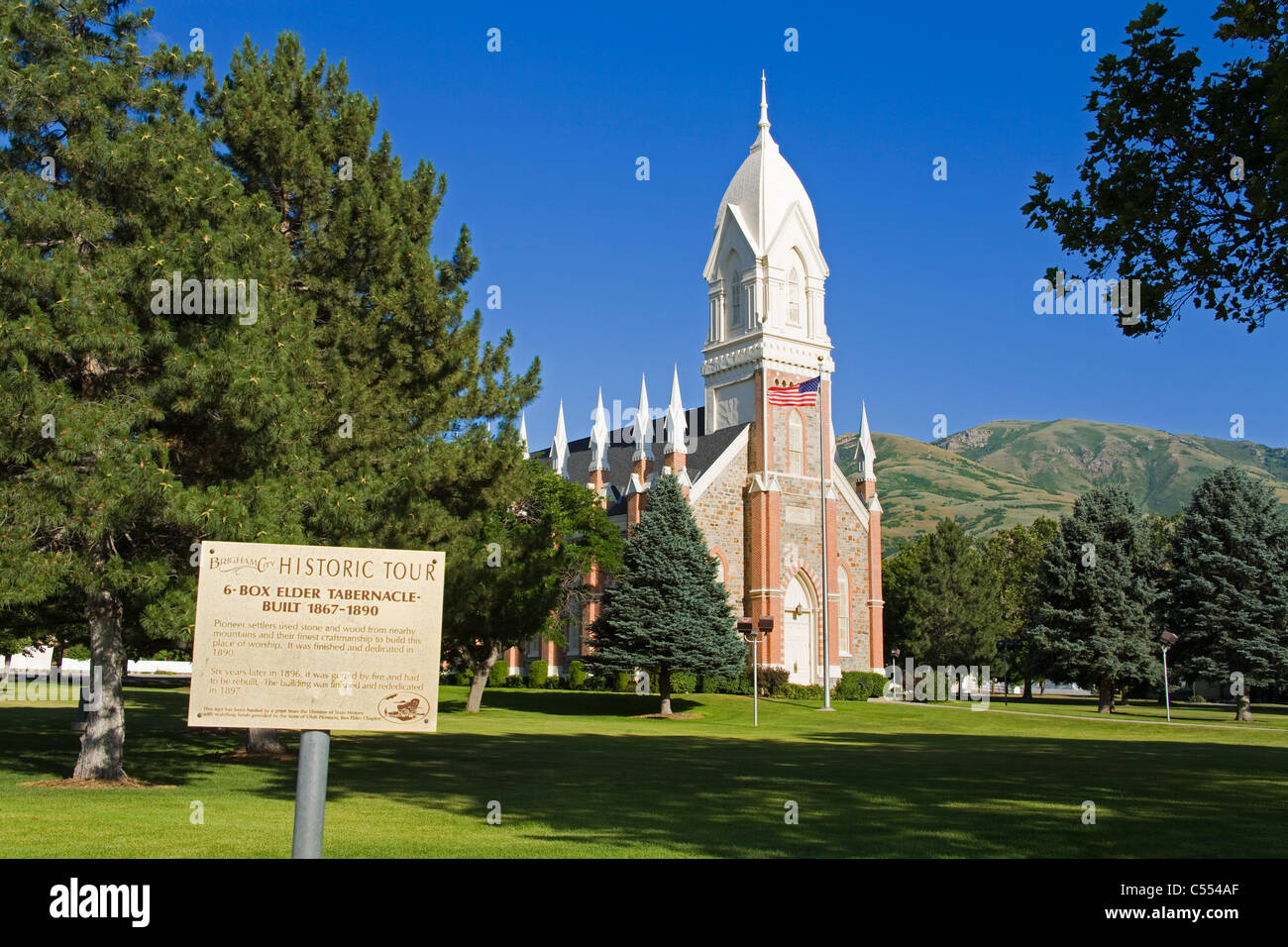 Signboard in front of a tabernacle, Box Elder Tabernacle, Brigham City, Utah, USA Stock Photo