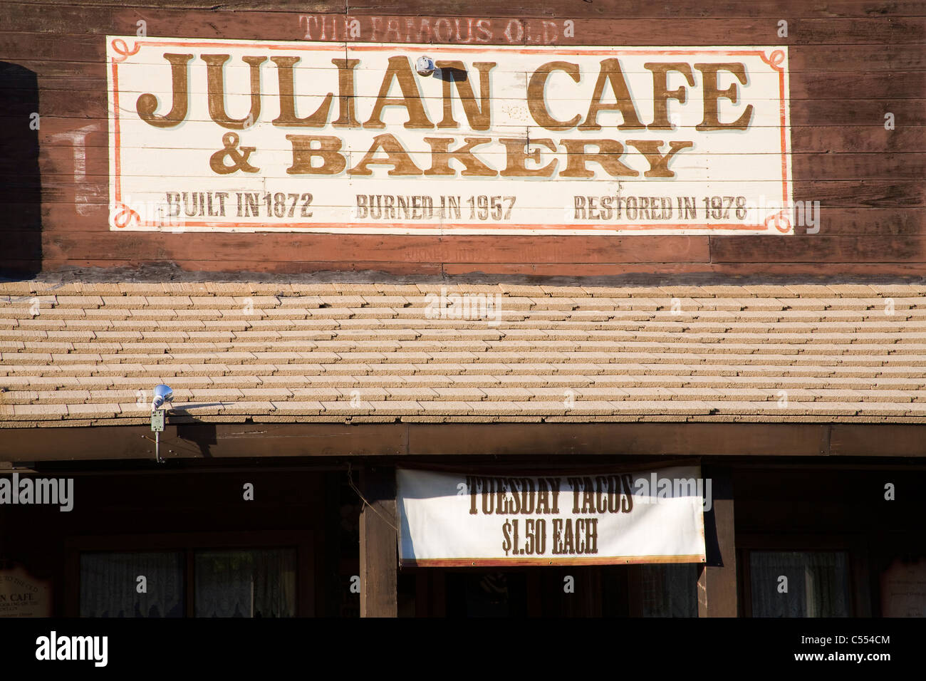 Signboard of a cafe, Julian Cafe & Bakery, Julian, San Diego County, California, USA Stock Photo