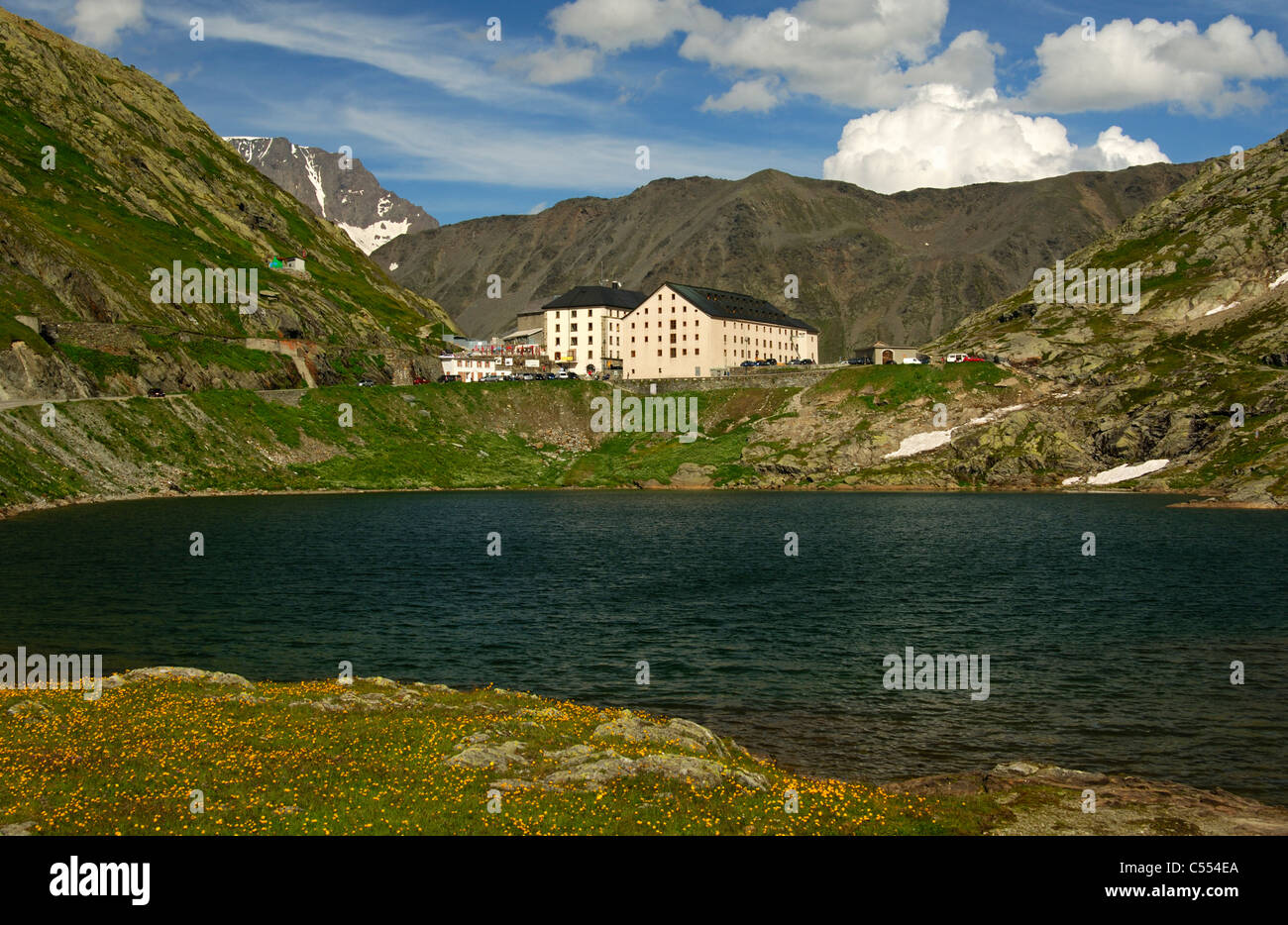 View from the Italian side at the hospice on the Great St. Bernard Pass, Valais, Switzerland Stock Photo