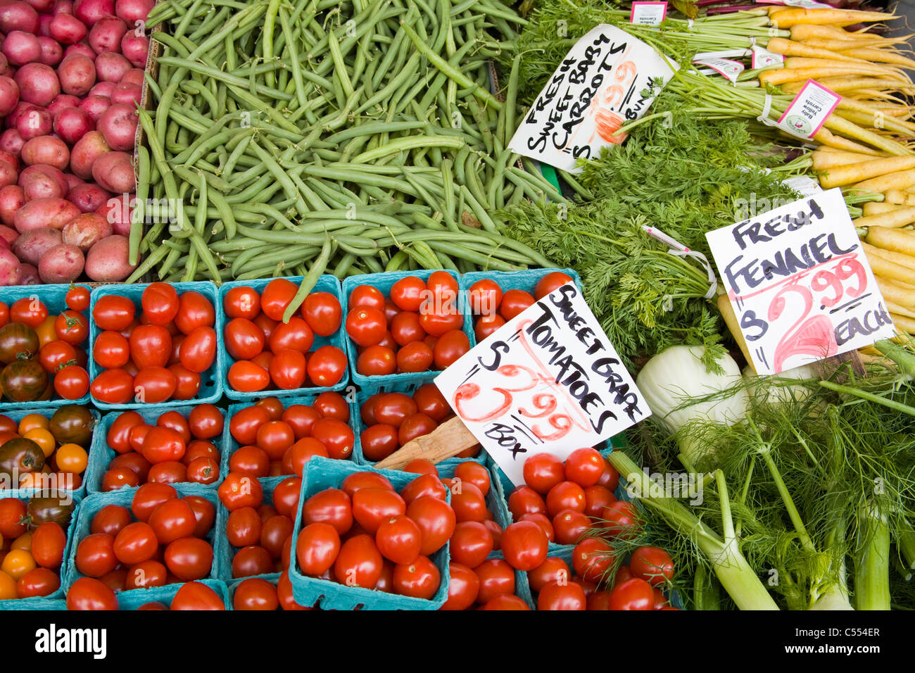 USA, Washington, Seattle, Vegetables on market stall at Pike Place