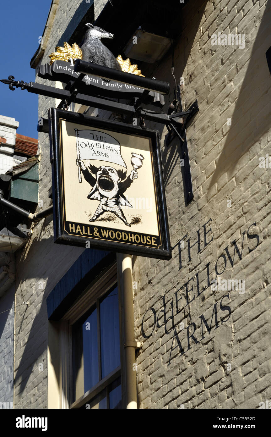 Pub sign at The Oddfellows Arms, Wimborne Minster, Dorset, showing a