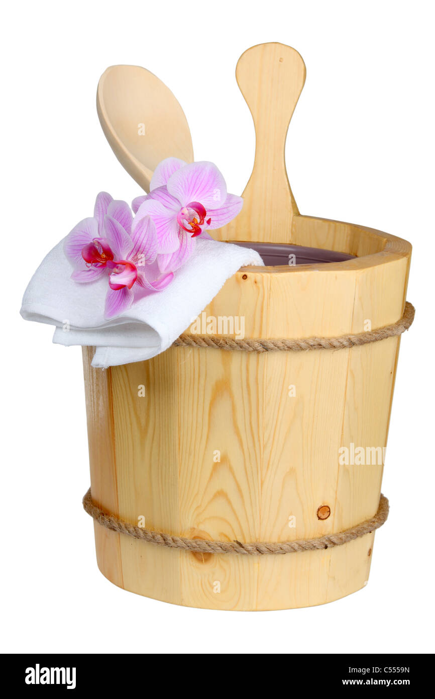 Wooden sauna bucket with spoon isolated over white Stock Photo