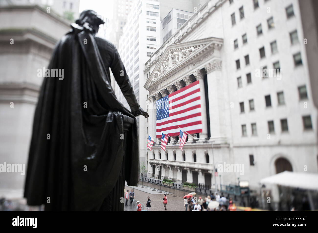 The statue of President George Washington in front of Federal Hall and ...