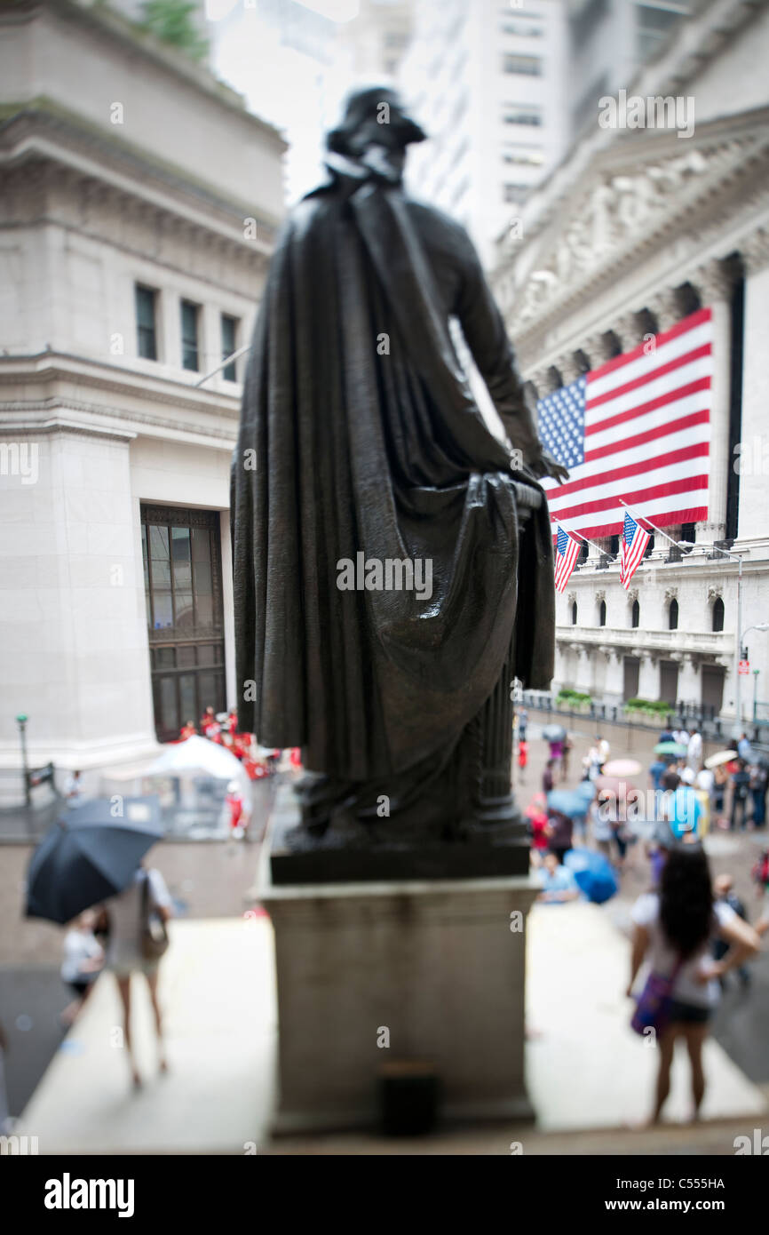 The statue of President George Washington in front of Federal Hall and ...
