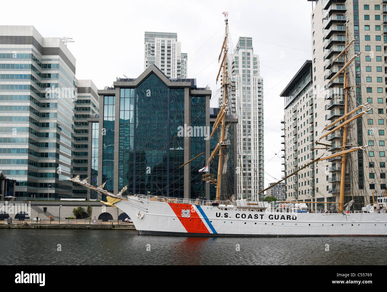 London, UK, USCG barque Eagle, berthed at South Quay in the West India Millwall Dock, visiting UK for its 75th anniversary. Stock Photo