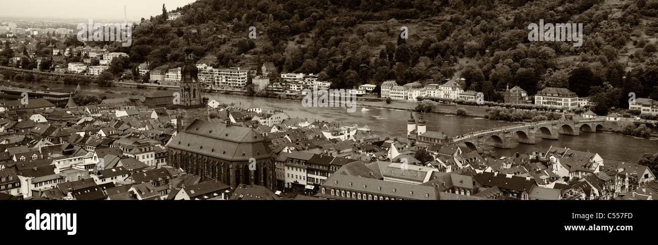 Sepia black and white scenic landscapes panorama of historic Heidelberg Germany Church of the Holy Spirit cathedral medieval bridge  over Neckar river Stock Photo