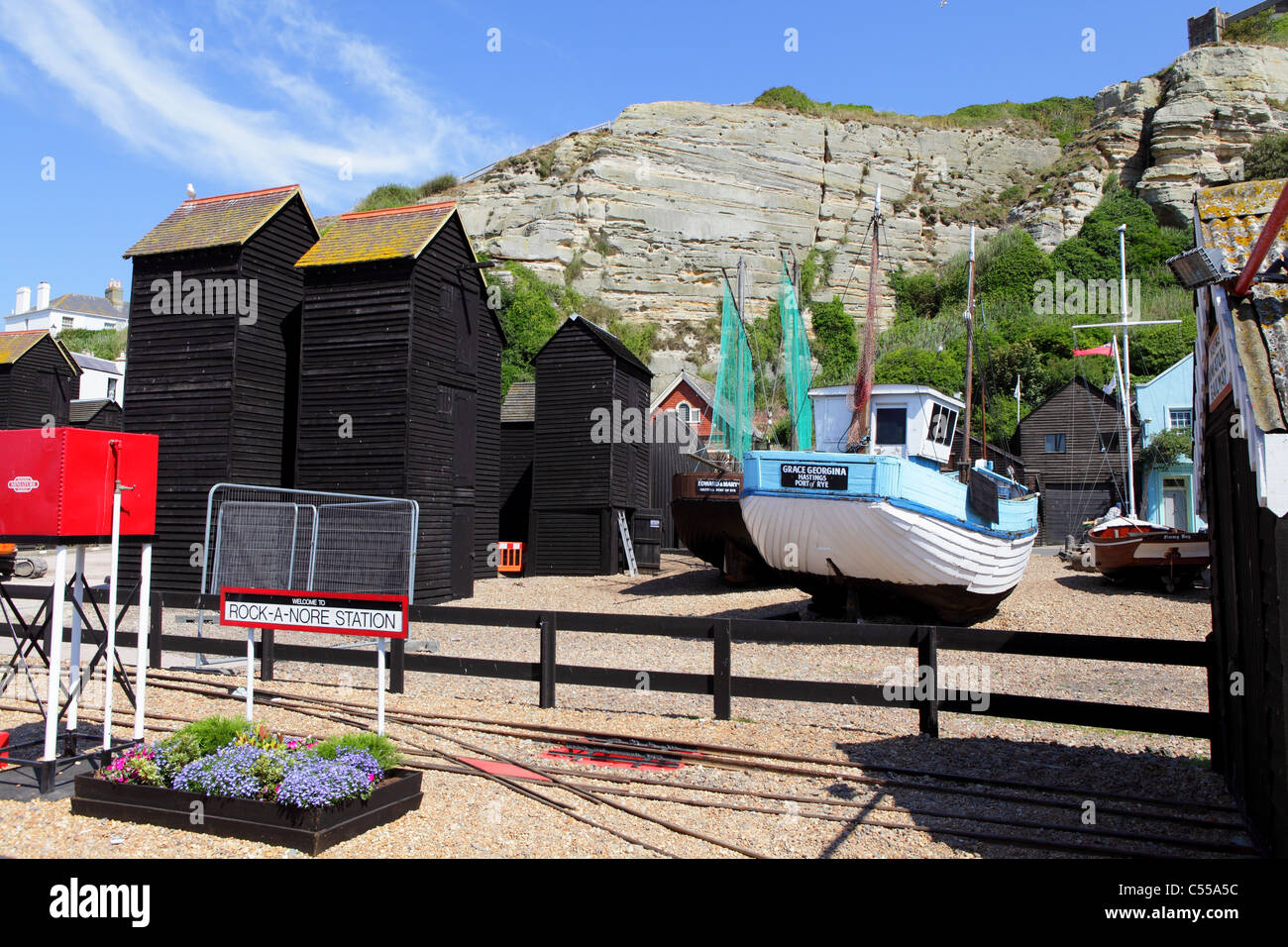 Hastings RockaNore miniature railway terminus, Maritime Quarter of net huts and historic boats