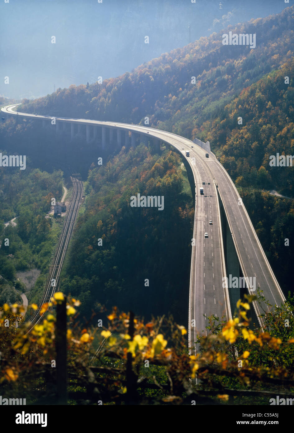 Highway across a valley, Leventina, Ticino Canton, Switzerland Stock Photo