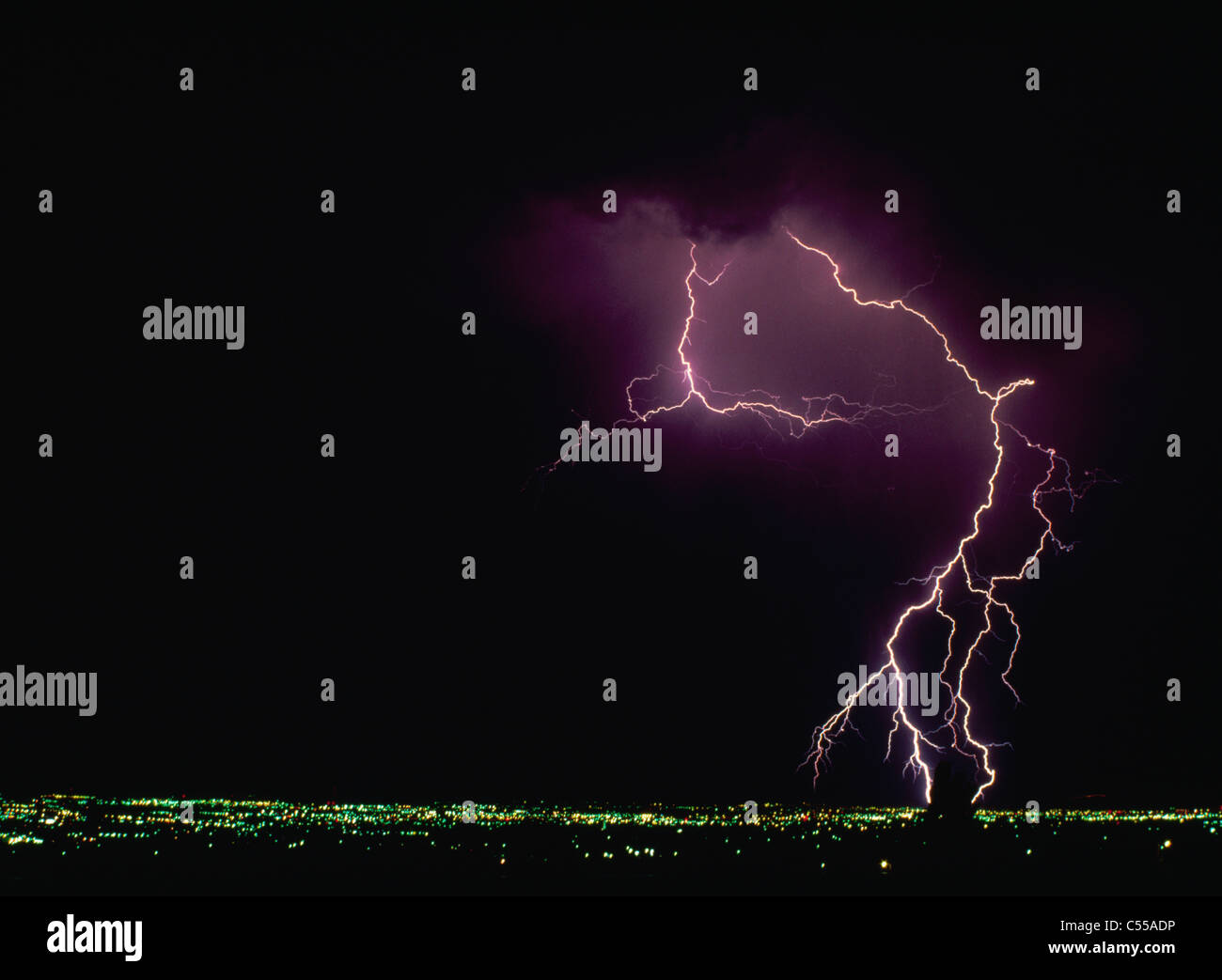 Lightning over a city Stock Photo