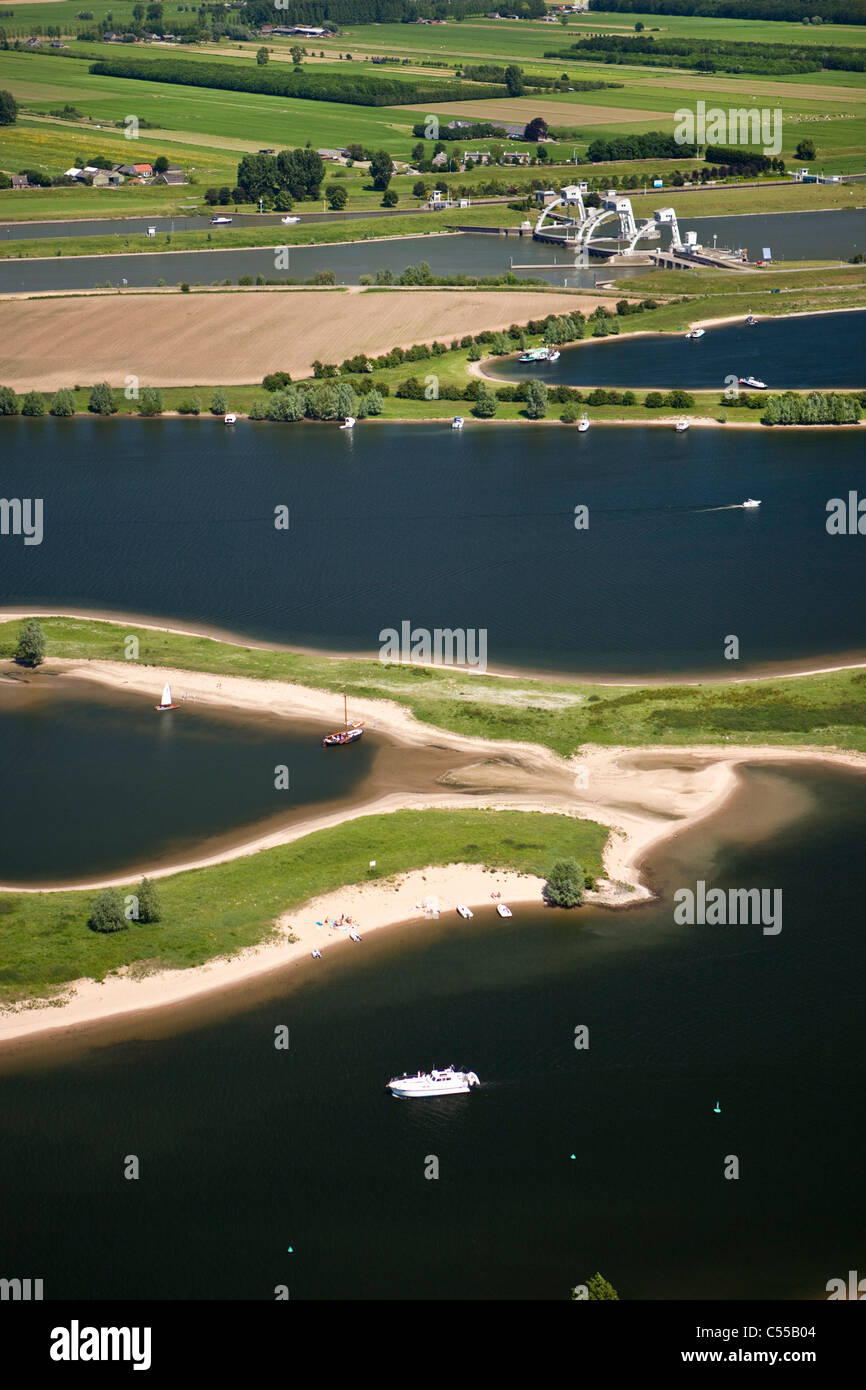 The Netherlands, Amerongen: Flood-control dam in Lek river, also called: Neder-Rijn. Aerial. Stock Photo