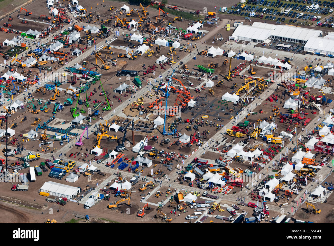 The Netherlands, Barneveld, Fair for agricultural machinery. Aerial. Stock Photo