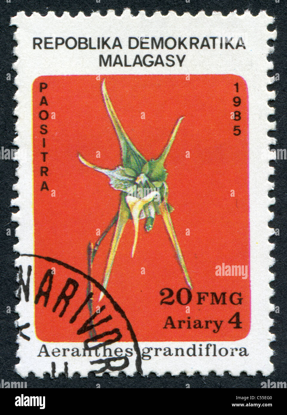 MALAGASY REPUBLIC - 1985: Postage stamps printed in Malagasy, shows a tropical flower Aeranthes grandiflora Stock Photo
