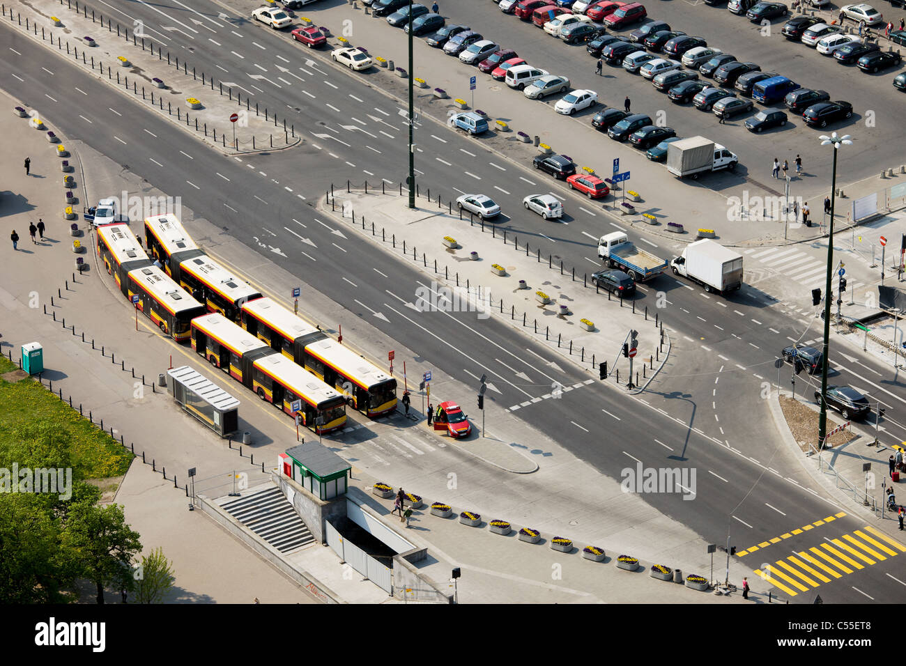 Multilane street, bus depot and parking lot in Warsaw, Poland, view from above Stock Photo