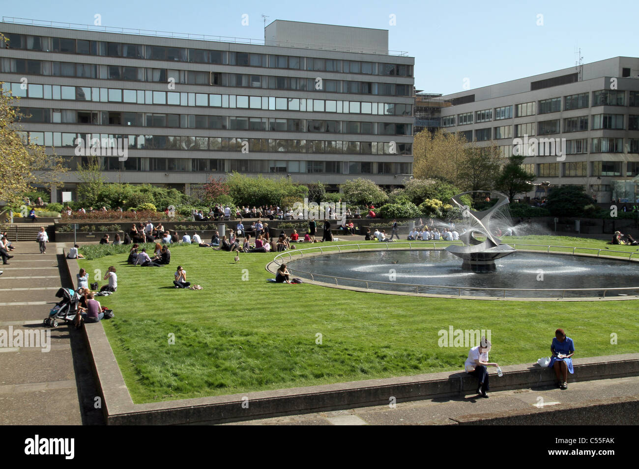 People having lunch at the gardens of St. Thomas Hospital by the Thames in London, UK Stock Photo