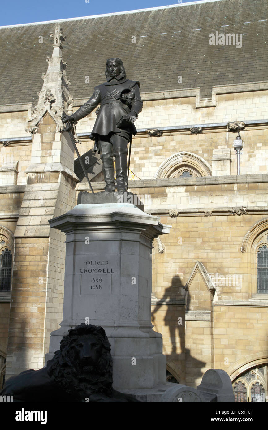 Statue of Oliver Cromwell outside Houses of Parliament in London, UK