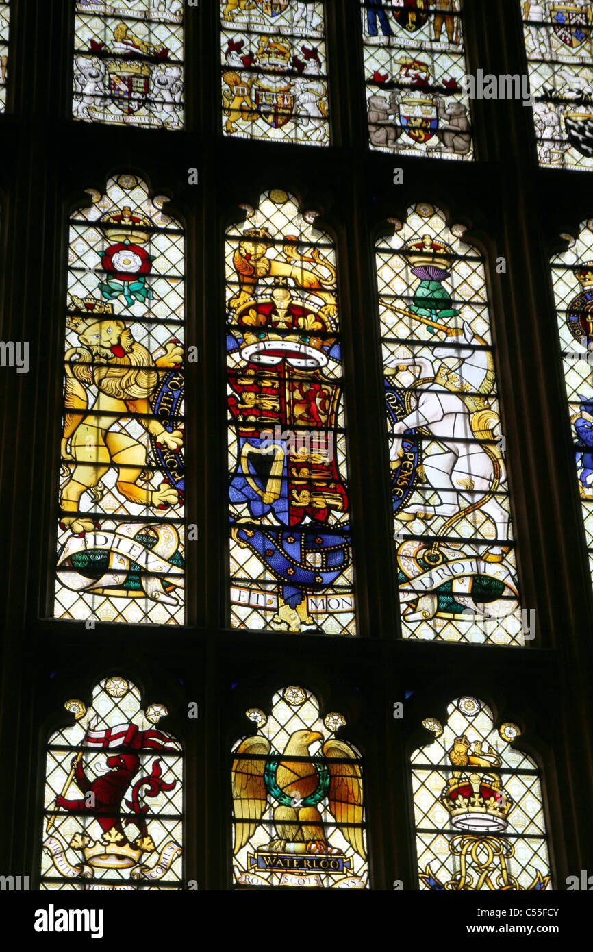Stained glass inside the Houses of Parliament in Westminster, London, UK Stock Photo