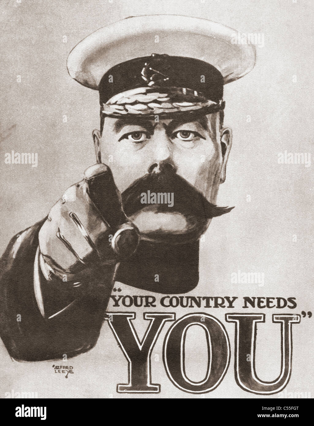 The 1914 British wartime recruitment poster depicting Lord Kitchener with the words 'Your Country Needs You'. Stock Photo
