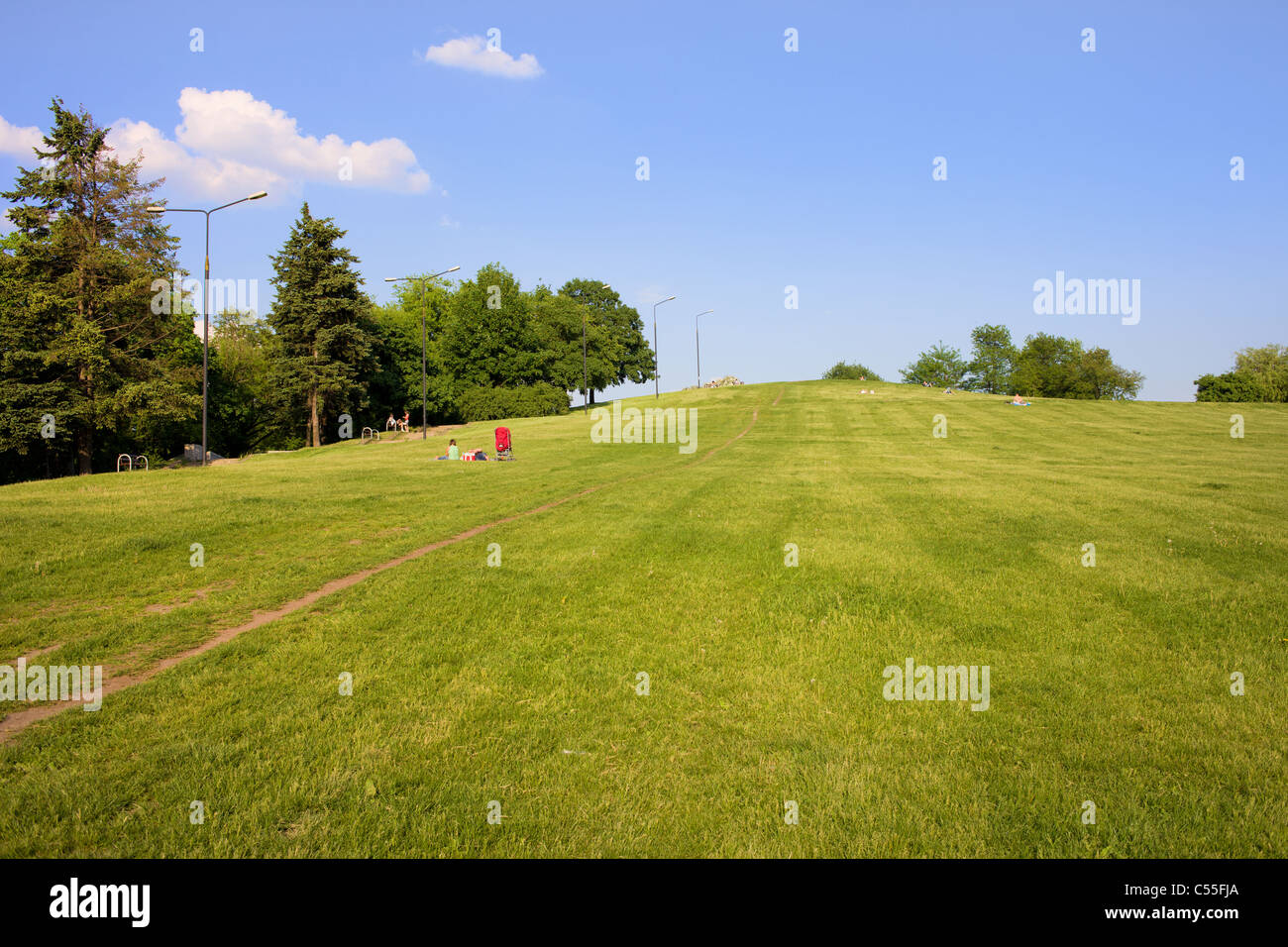 Hill in a park with freshly cut grass Stock Photo