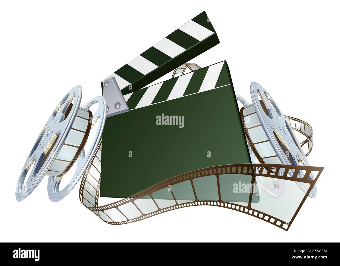 A clapperboard and film spooling out of film reel illustration. Dynamic perspective and copyspace on the board for your text. Stock Photo