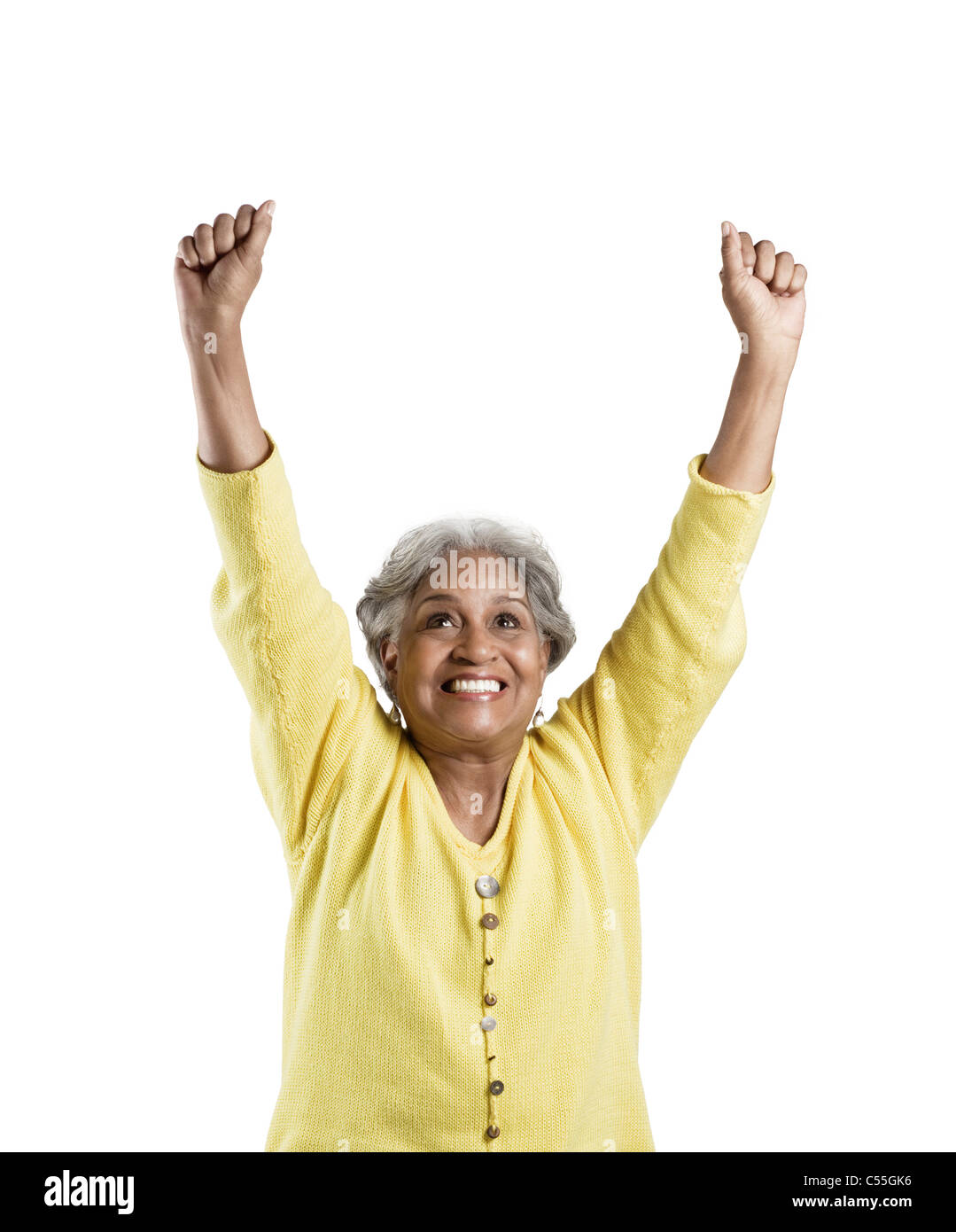 Excited woman raised arms hi-res stock photography and images - Alamy