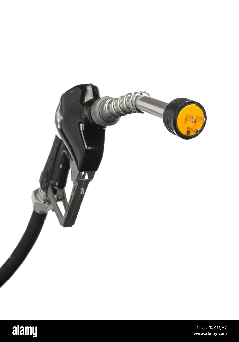 Gas pump nozzle with electric connector on the end cutout Stock Photo
