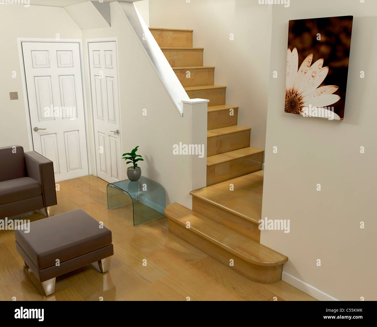 3D render of an interior view of a lounge and stairs Stock Photo - Alamy