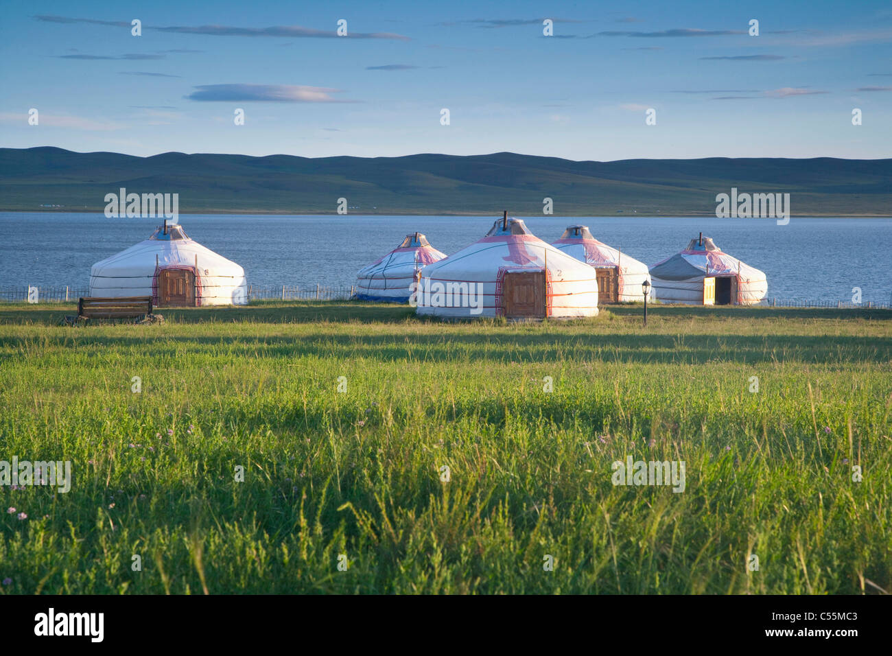 A group of yurts on an open grassy plain Stock Photo
