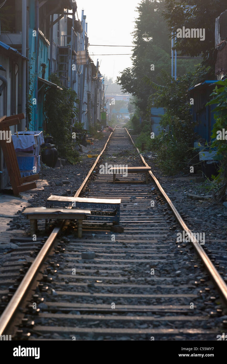 railroad and houses Stock Photo Alamy