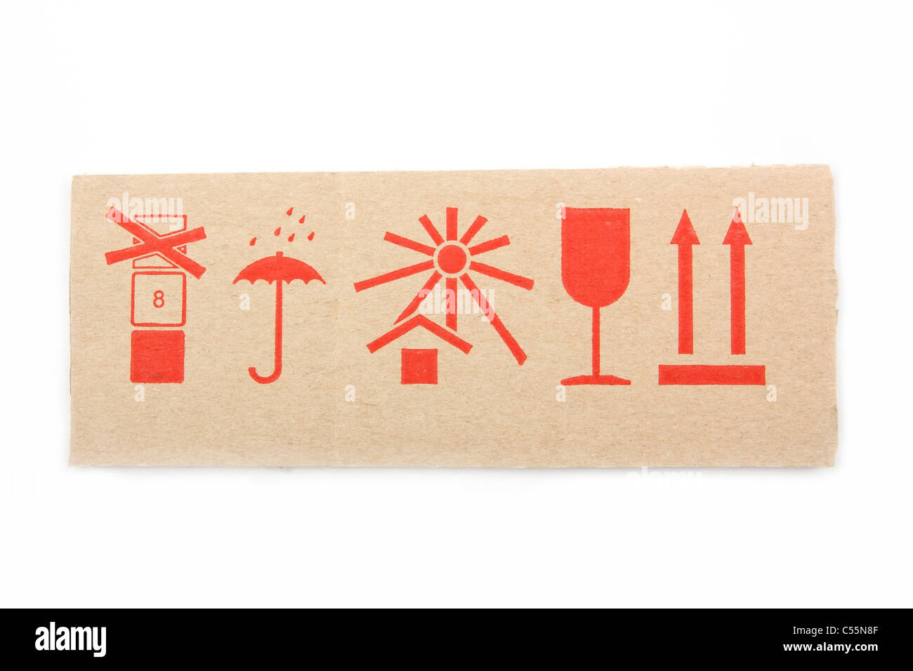 Piece carton with red warning signs on a white background Stock Photo