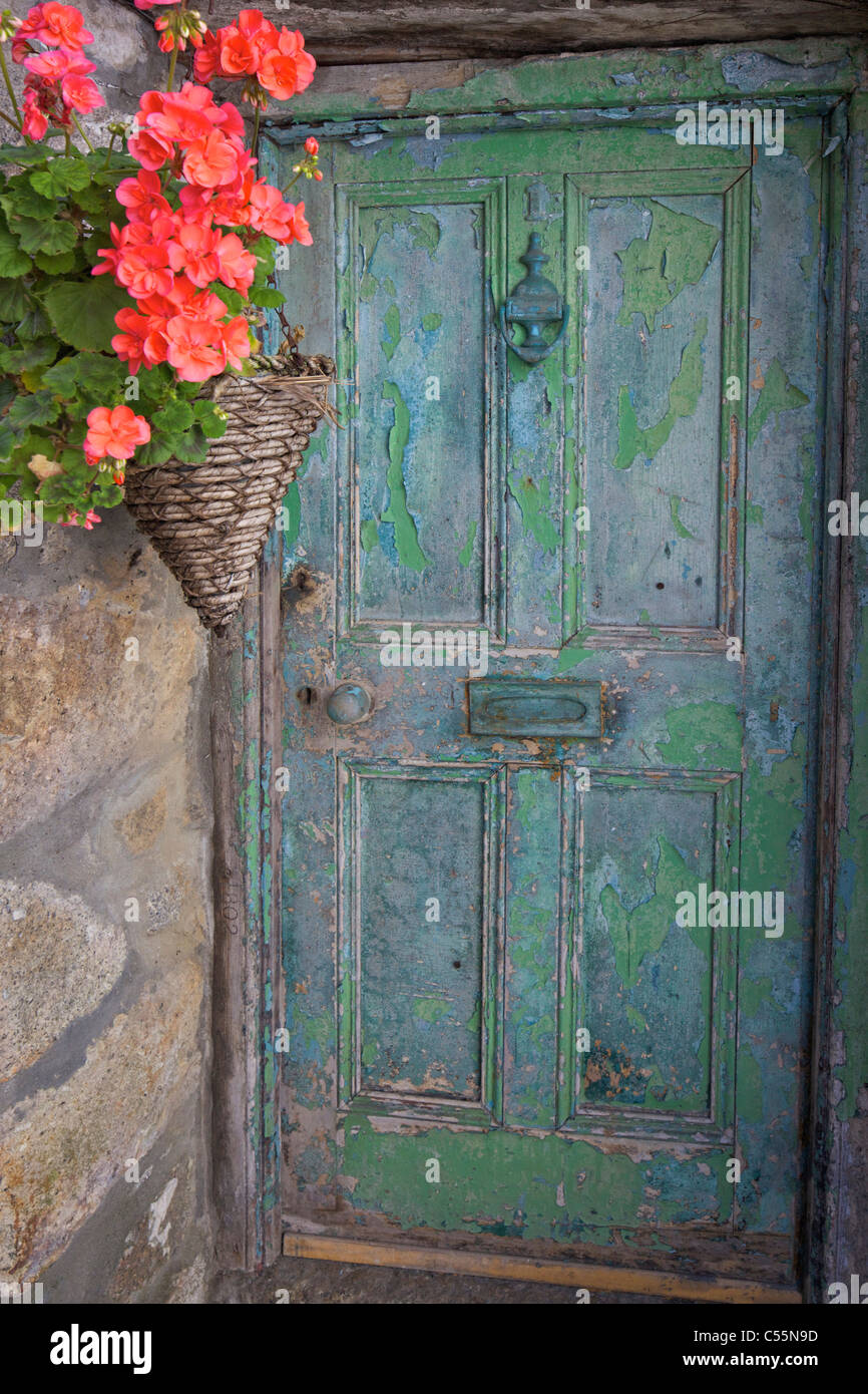 Old painted wooden front door, The Digey, St. Ives, Cornwall, England