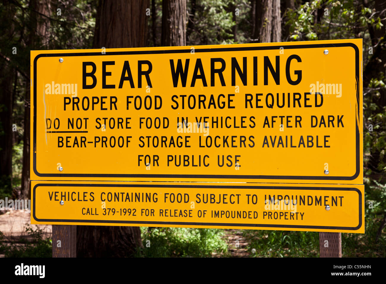 Bear warning signs for bearproof food storage bins Yosemite national