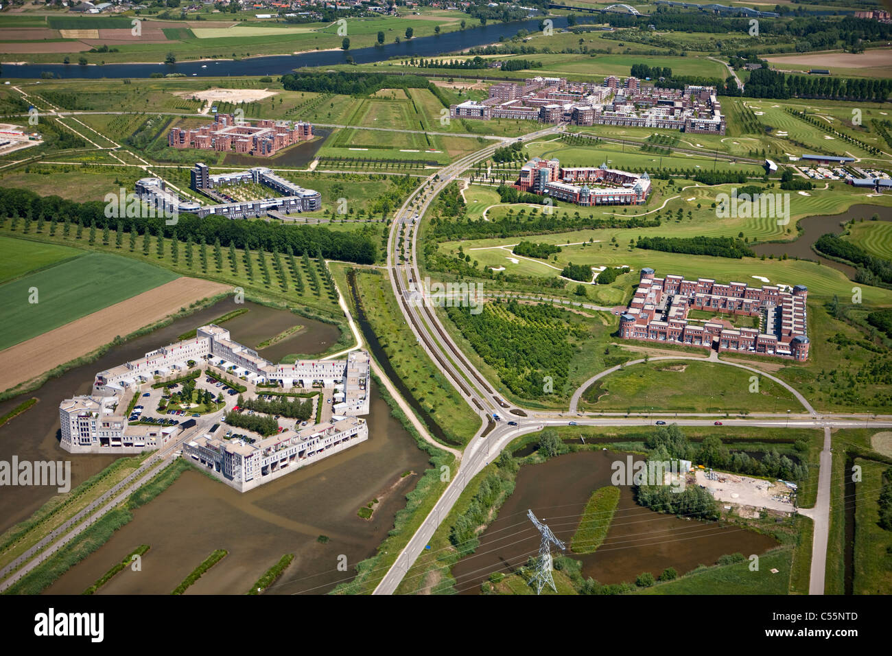 The Netherlands, near Den Bosch, modern residential buildings called Haverleij castles. Aerial. Stock Photo