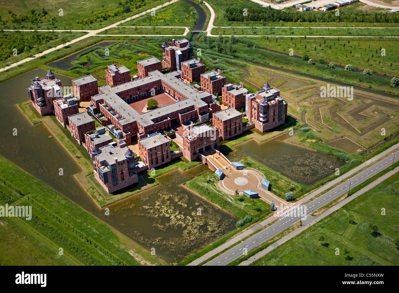 The Netherlands, near Den Bosch, modern residential buildings called Haverleij castles. Aerial. Stock Photo