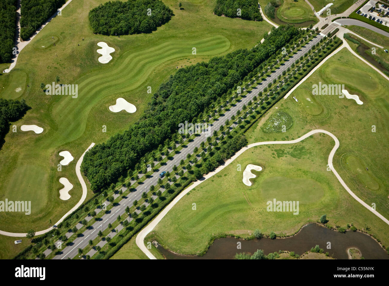 The Netherlands, near Den Bosch, Golf course belonging to Haverleij castles. Aerial. Stock Photo