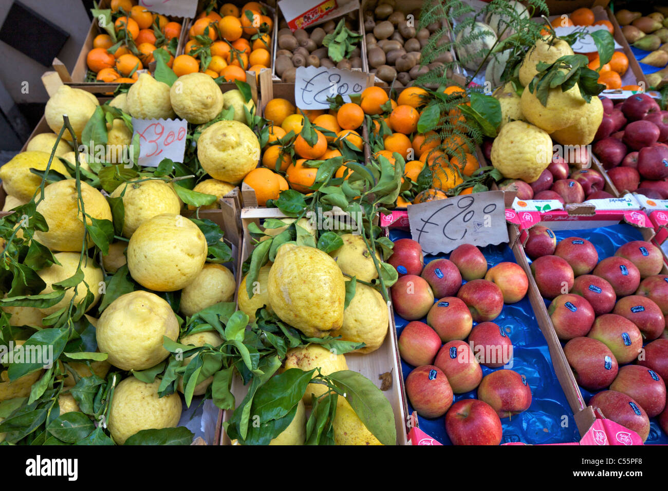 Fruits and vegetables at a market stall, Sorrento, Bay of Naples, Naples, Campania, Italy Stock Photo
