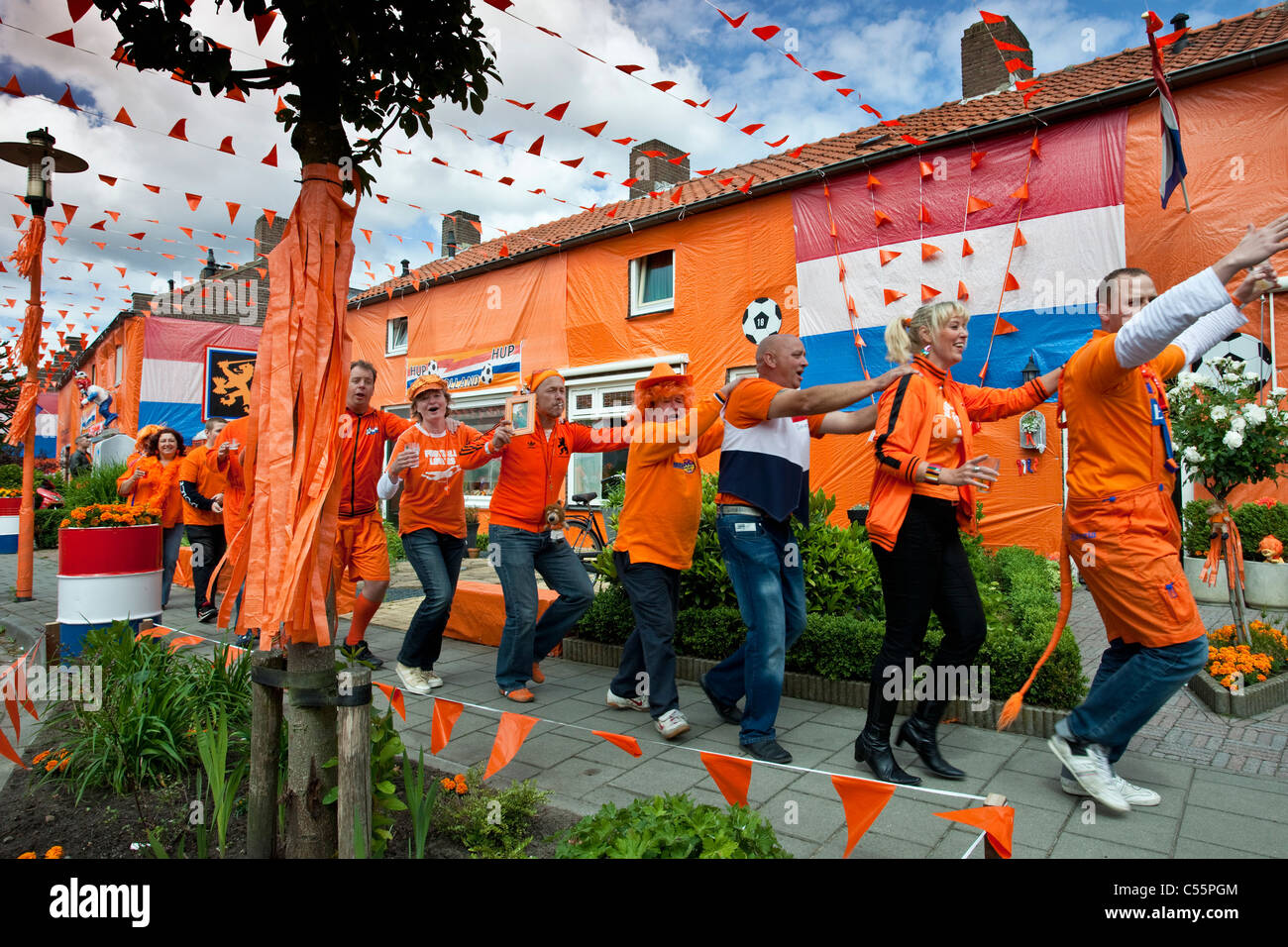 The Netherlands, Goirle, Orange decorated street Irene Straat. Celebrating victory over Japan during World Cup Football 2010. Stock Photo