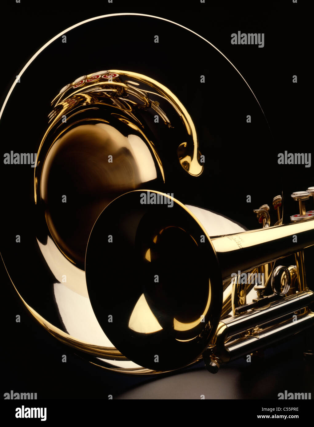 Brass trumpet and french horn on black background, studio shot Stock Photo Alamy