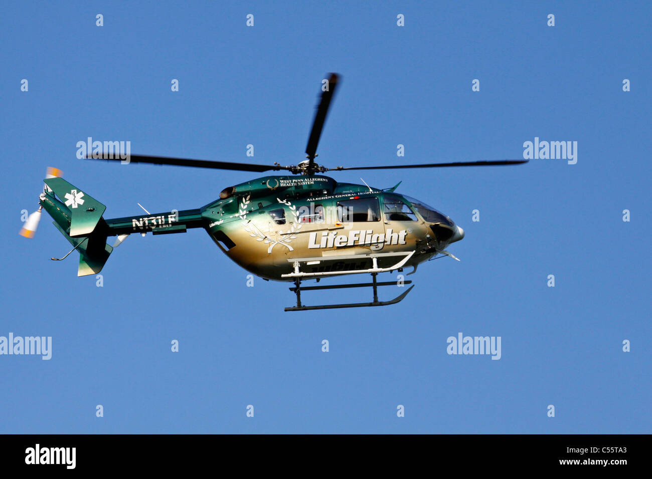 Medevac helicopter of Allegheny General Hospital in flight, Pittsburgh