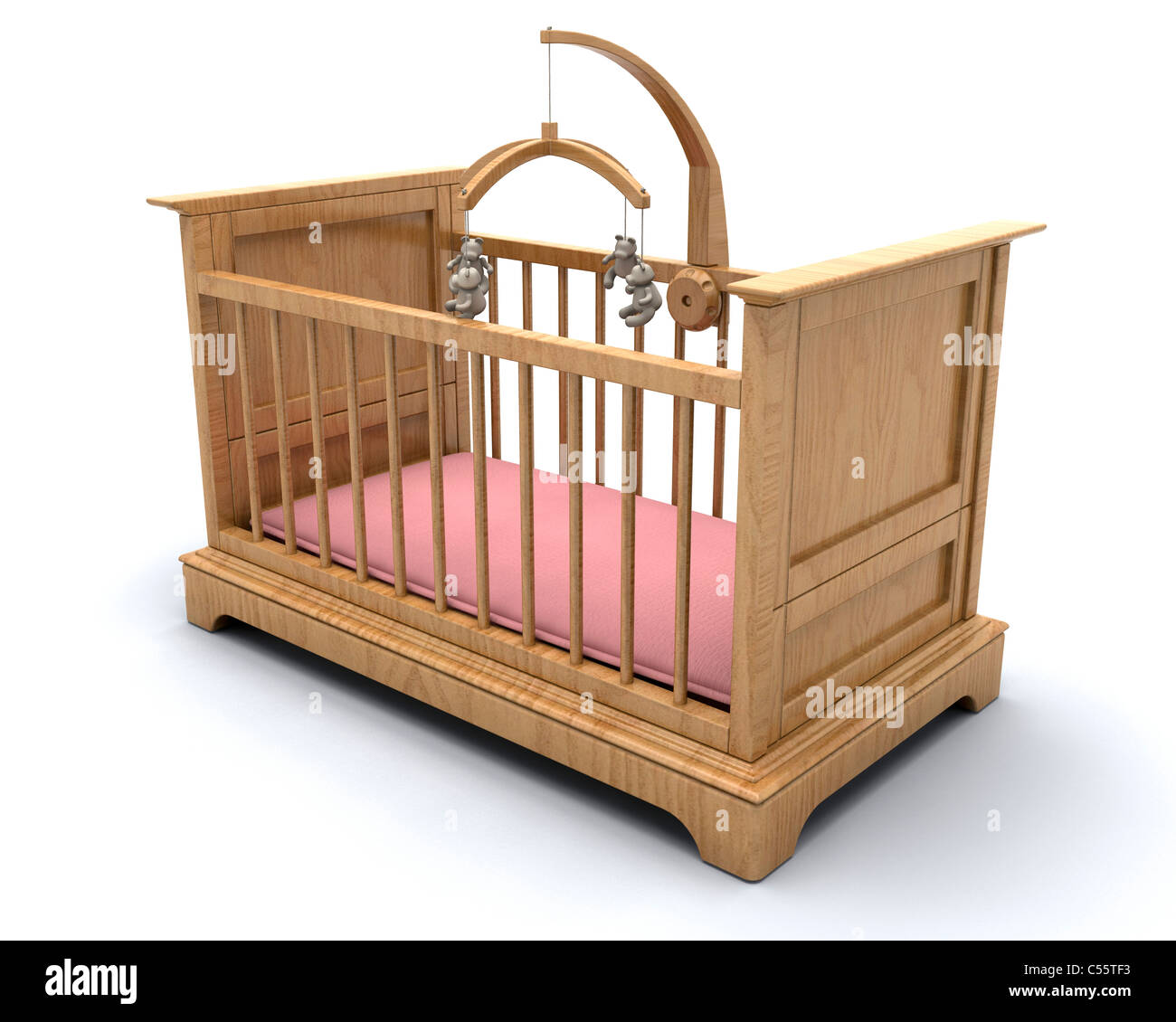 Cot for a baby girl with hanging teddy mobile Stock Photo Alamy