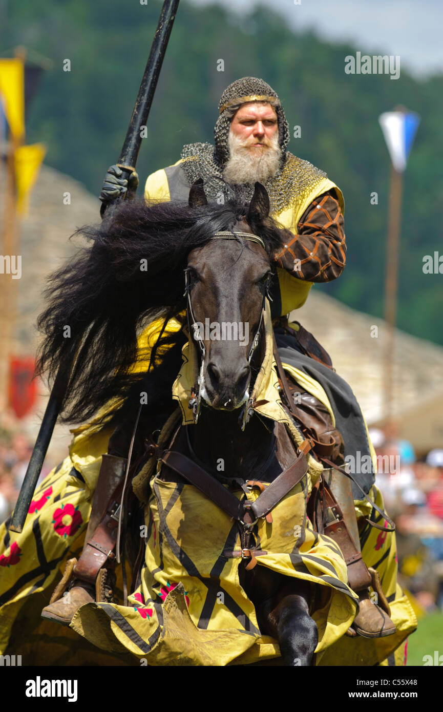 historical knight in fight on horse while a show in Germany Stock Photo