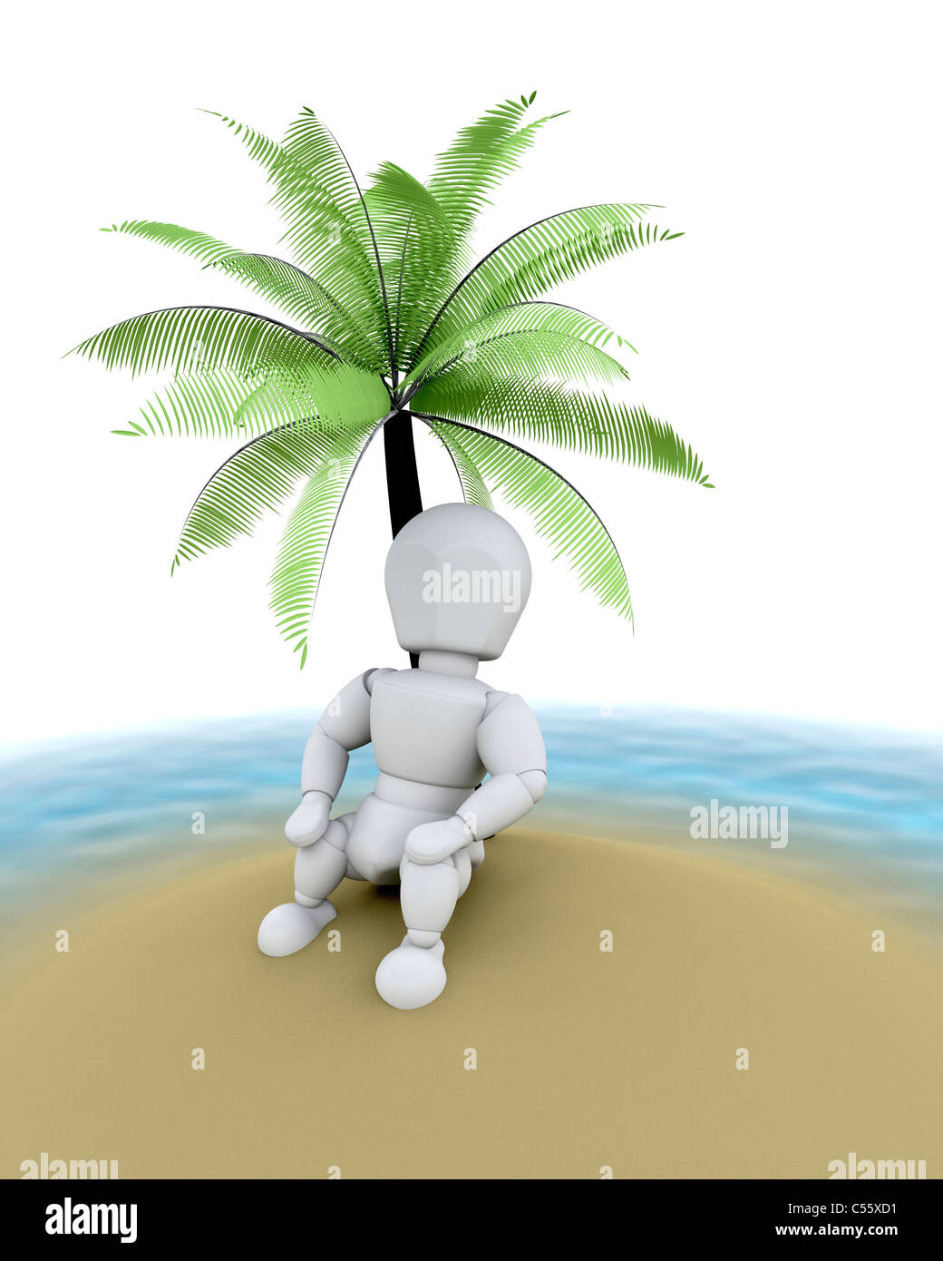 3D render of man on an island under a palm tree Stock Photo - Alamy